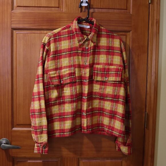 MNML Bright Orange Yellow Cropped Button Down Flannel Shirt Medium Vintage - Picture 2 of 8
